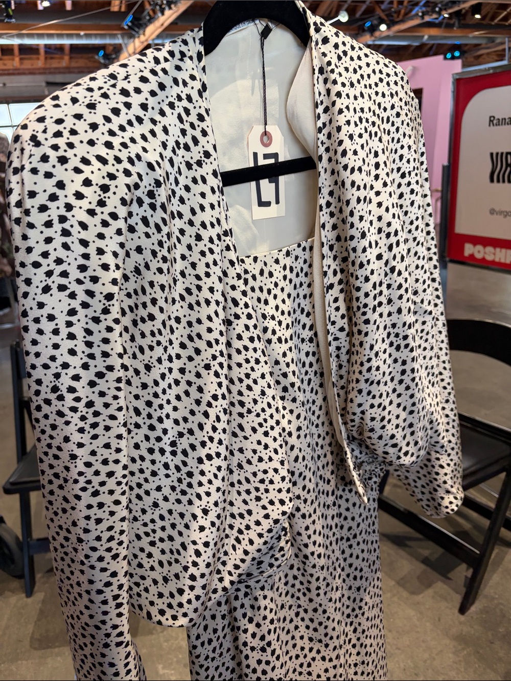 Black and White Polka Dot Women's Dress with Draped Jacket